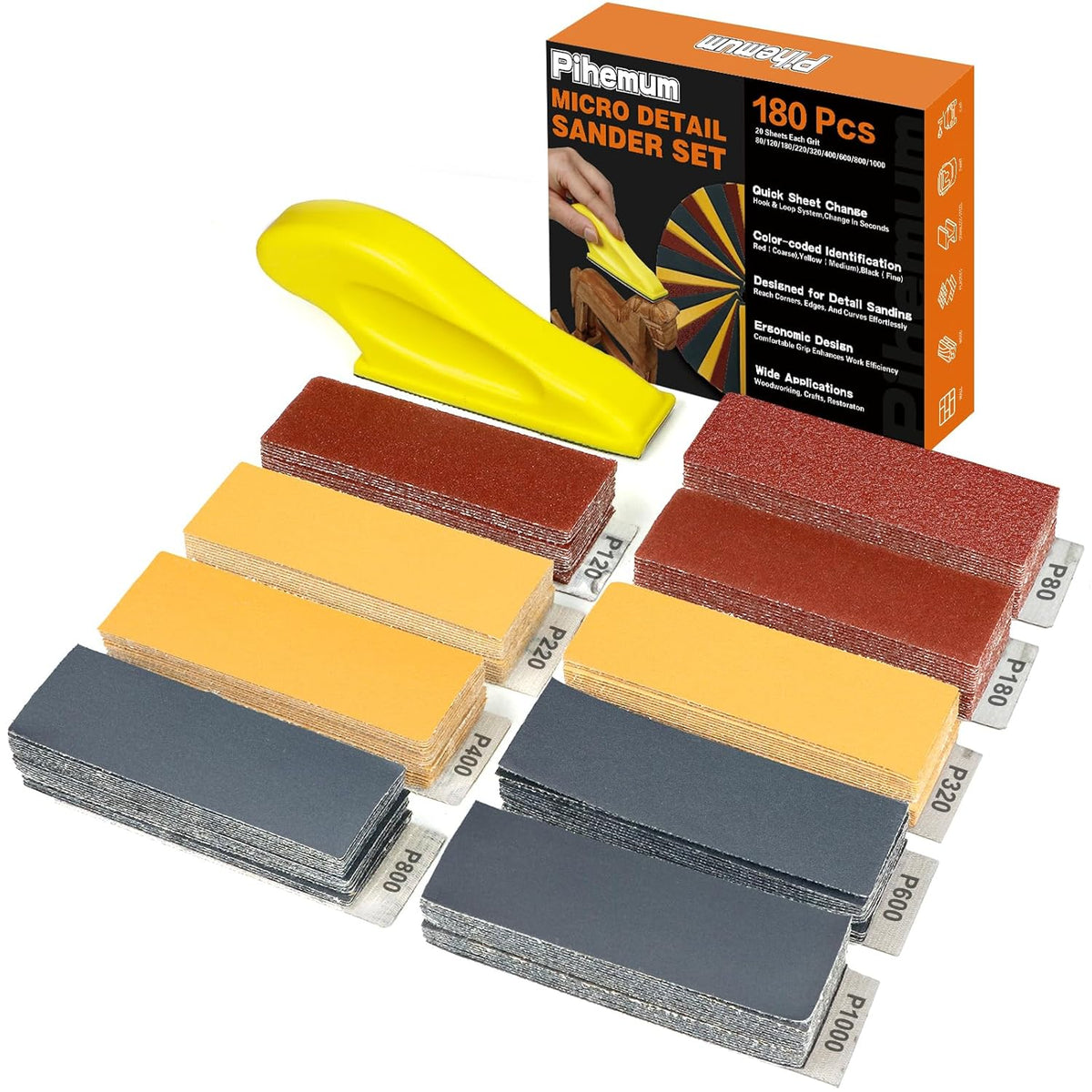180 PCS Mini Detail Sanding Kit, 80-1000 Grit Sandpaper with Finger Sanding Blocks for