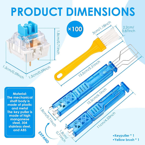 100 PCS Blue Mechanical Keyboard Switches Clickers with Upgraded 4-Claw Switch Puller &