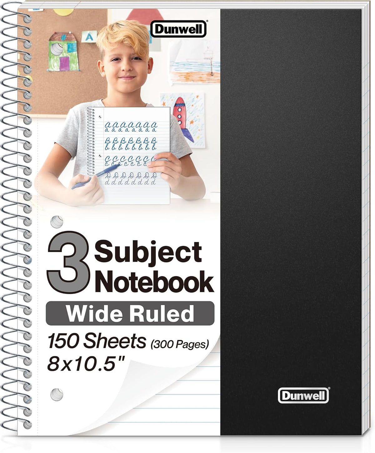 Dunwell 3-Subject Spiral Notebook, Wide Ruled, 150 Sheets, Black