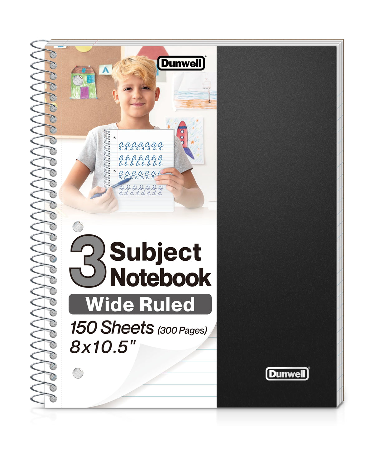 Dunwell 3-Subject Spiral Notebook, Wide Ruled, 150 Sheets, Black