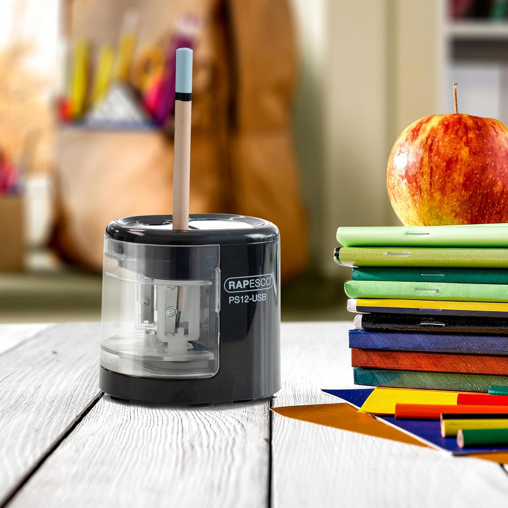 Rapesco 1449 PS12-USB Electric Pencil Sharpener, Dual Hole, Black