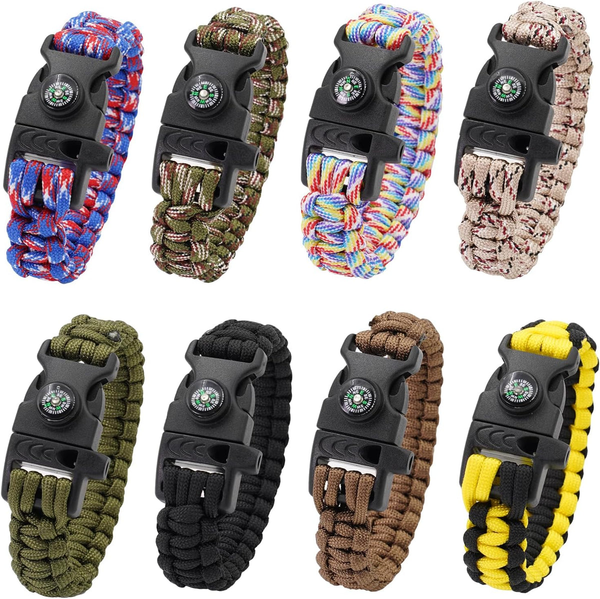 8 Pack Emergency Survival Bracelet with Whistle and Compass,Survival Kit