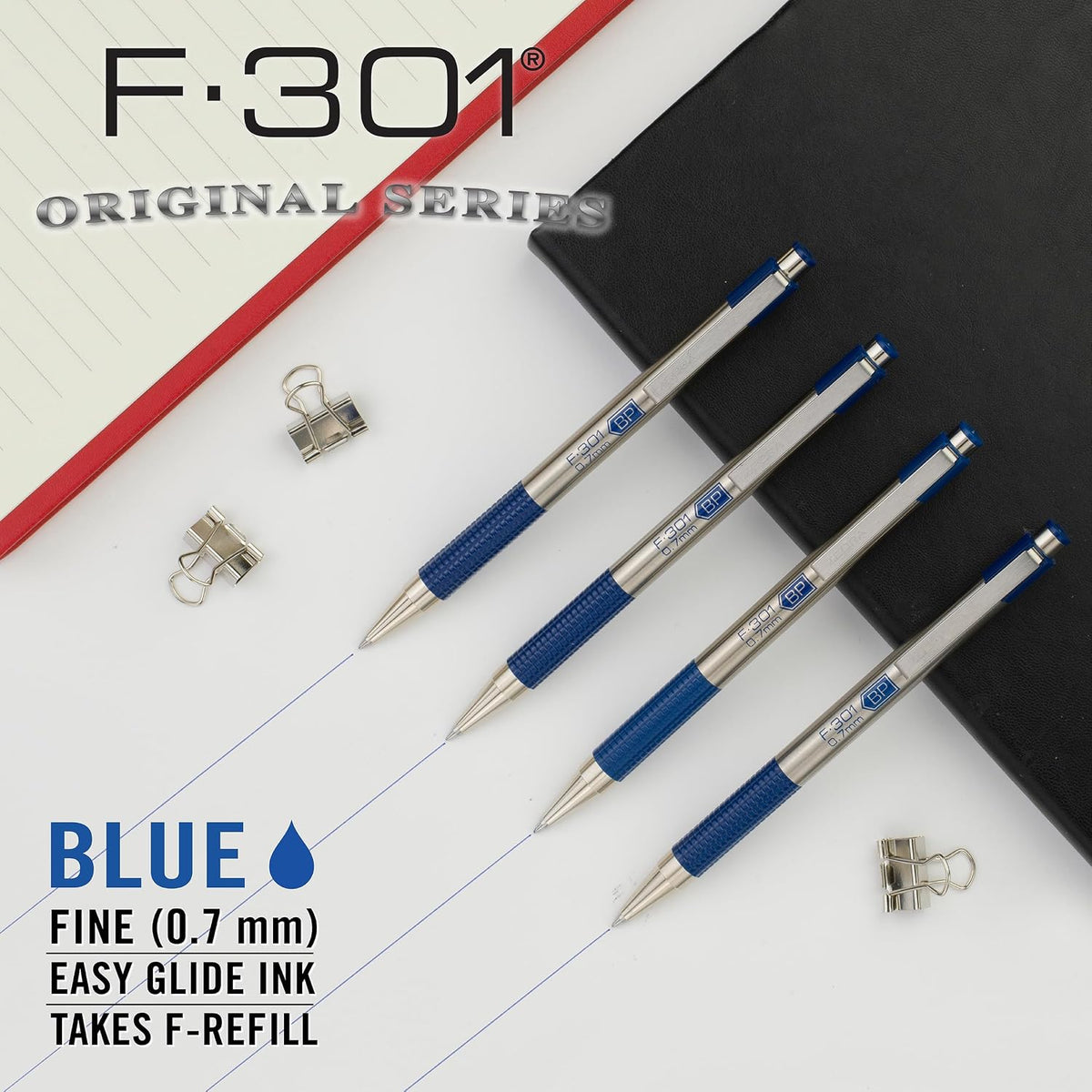 Zebra Pen STEEL F-301 Retractable Ballpoint Pen, Blue Ink, 0.7mm, 6-Pack