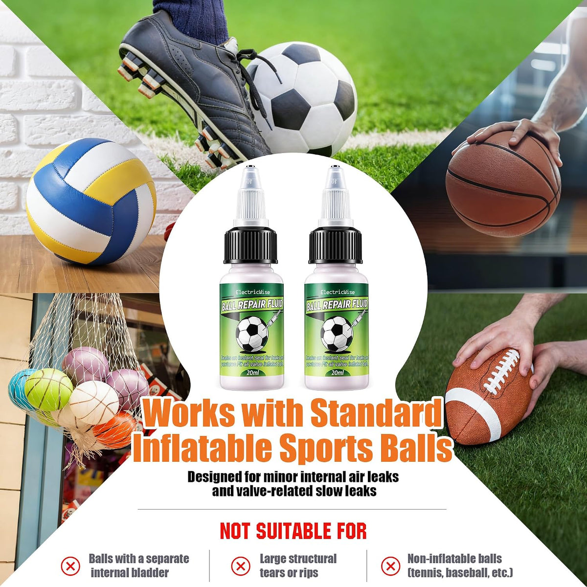 2 Pack Sports Ball Repair Kit and Leak Sealant for Basketball Soccer Volleyball Football