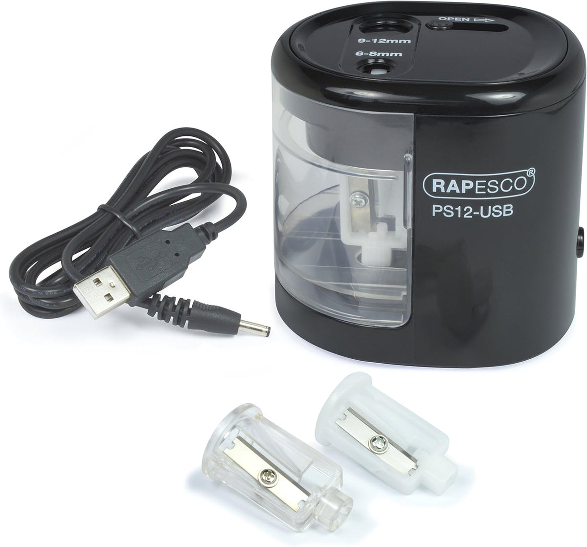 Rapesco 1449 PS12-USB Electric Pencil Sharpener, Dual Hole, Black