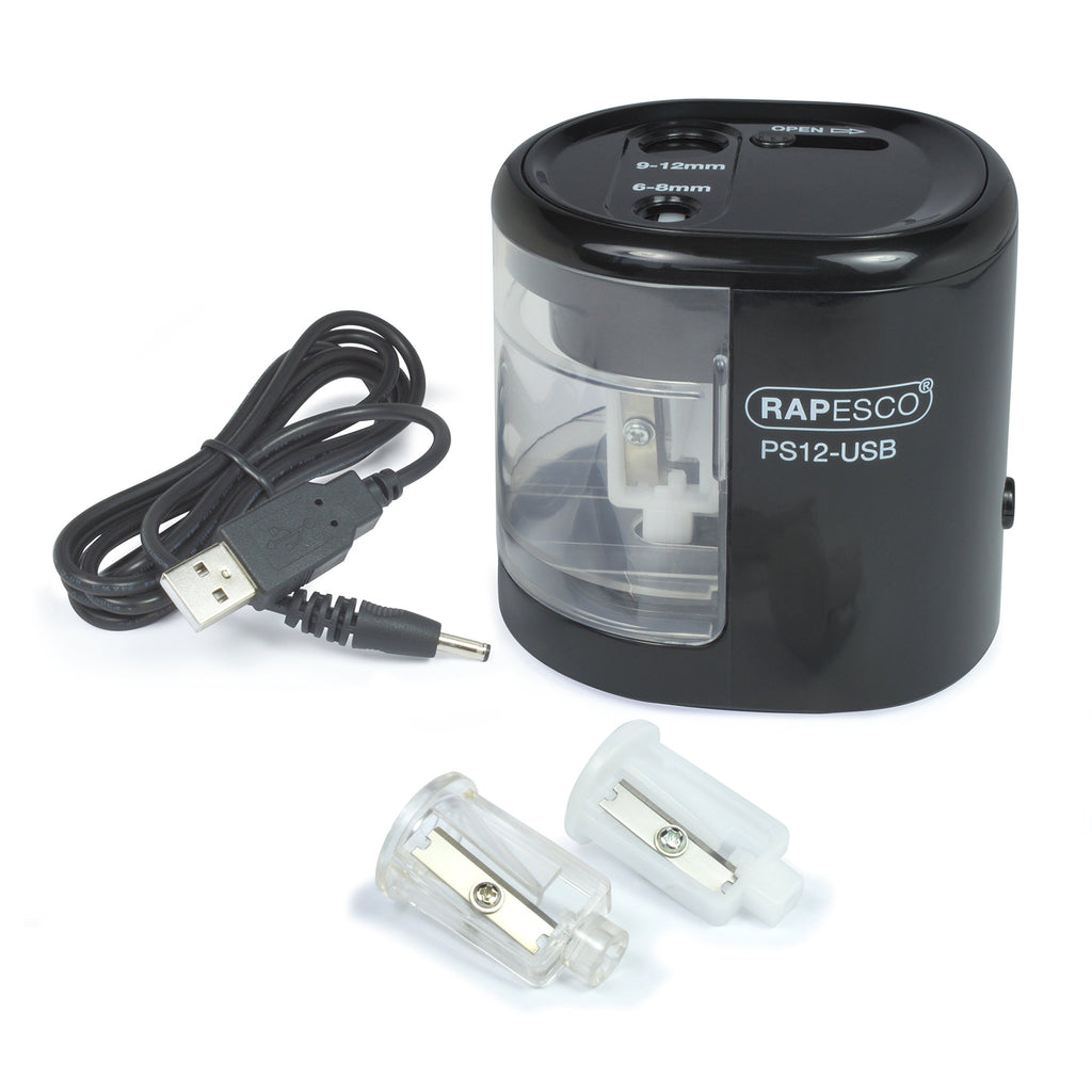 Rapesco 1449 PS12-USB Electric Pencil Sharpener, Dual Hole, Black