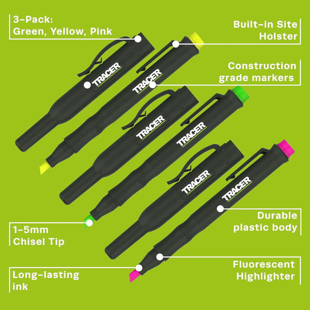 Tracer Construction Highlighters Set - 3 Pack Yellow Green Pink