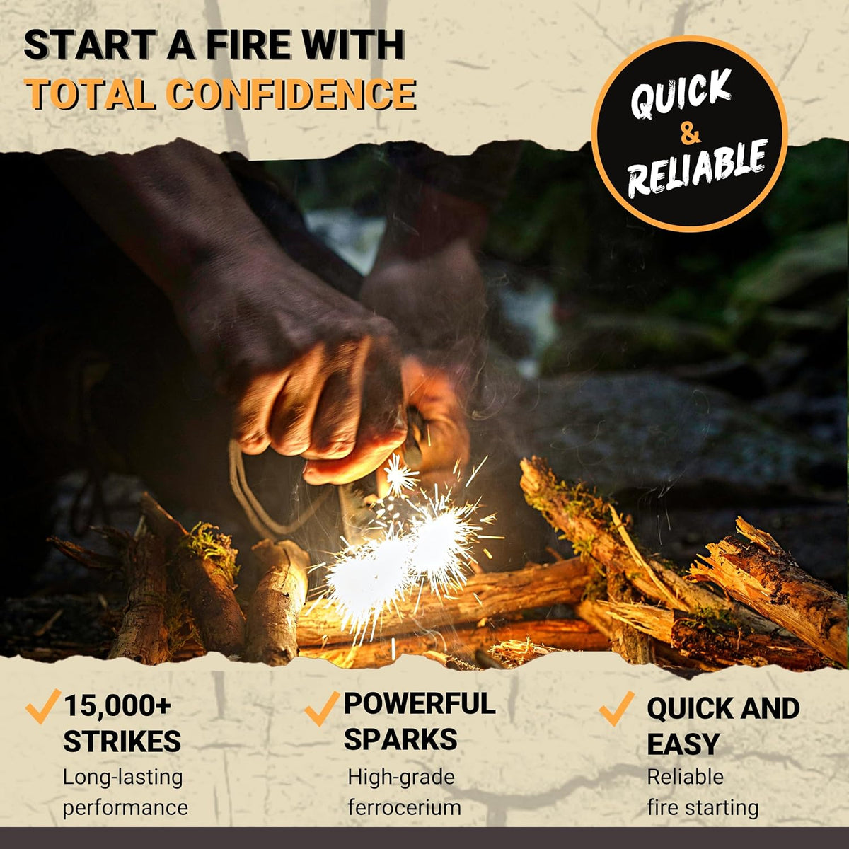 Ferro Rod Fire Starter Kit with Fatwood Tinder Stick - 3/8" Thick Ferrocerium Flint and