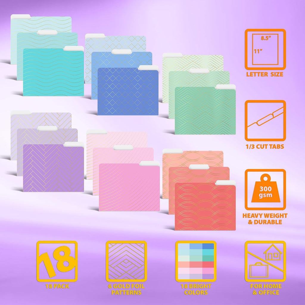 Better Office Products Decorative File Folders with Gold Foil, 18 Pack