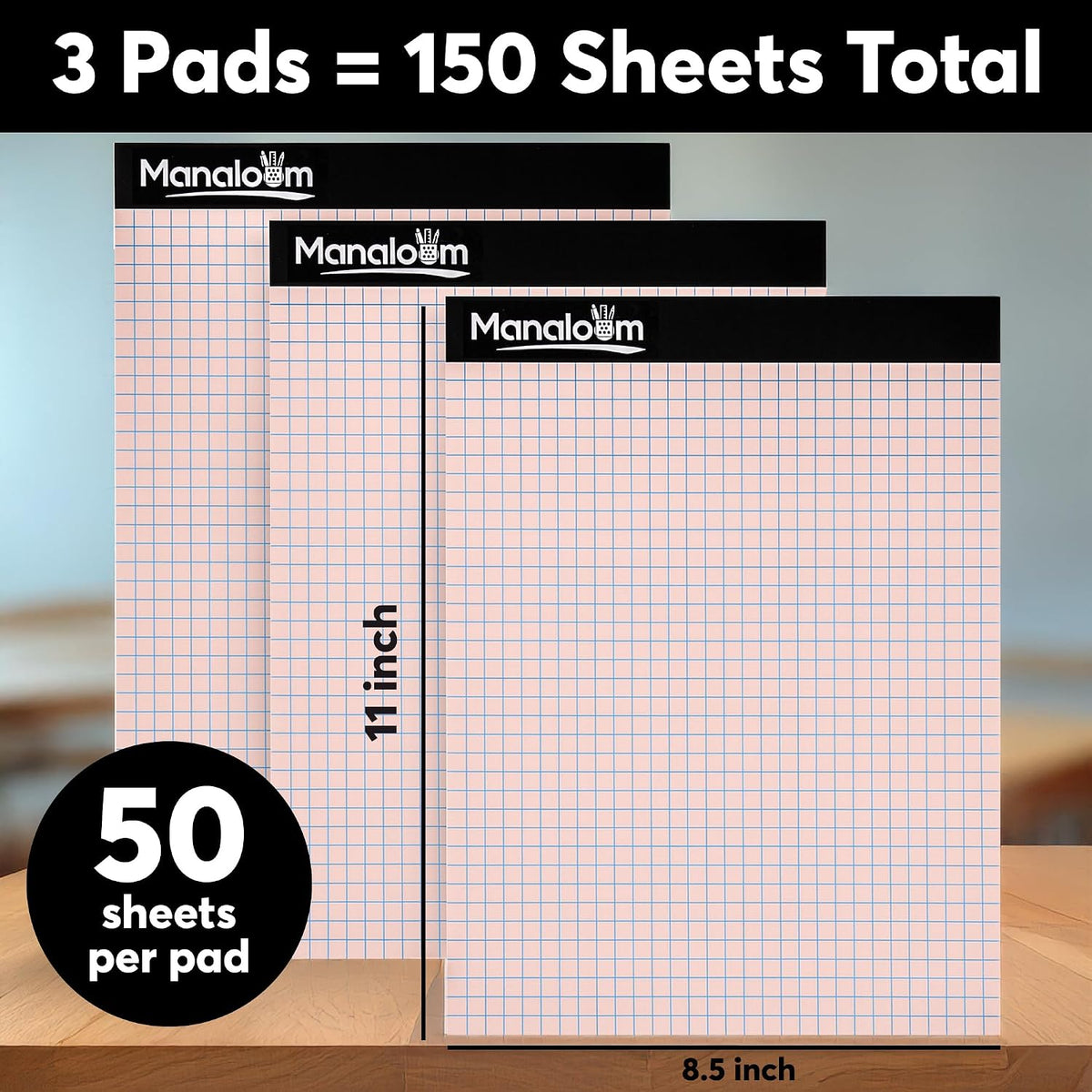 Graph Paper Pad 8.5 x 11 Inch - 3 Pack, 50 Sheets Each (150 Sheets Total) 4x4 Quad