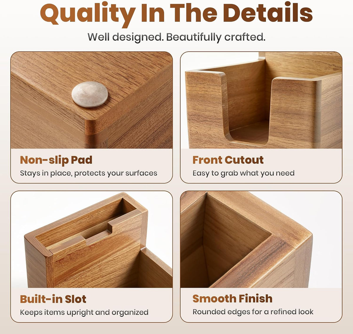 Acacia Wood Sticky Note Holder with Pen Slot, 3x3 Post It Note Dispenser
