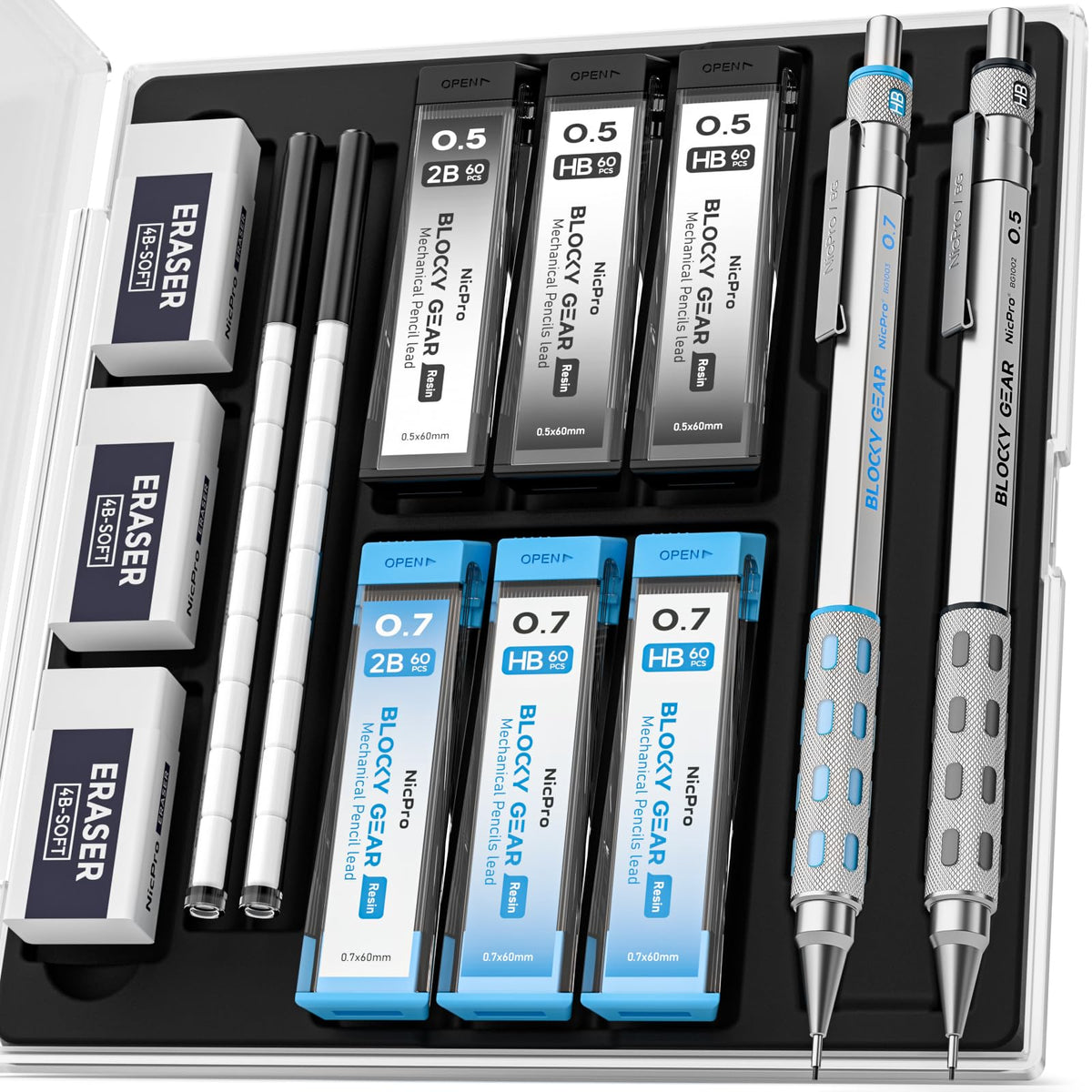 Nicpro Blocky Gear Mechanical Pencils 0.7 mm with Case, 3 Pack