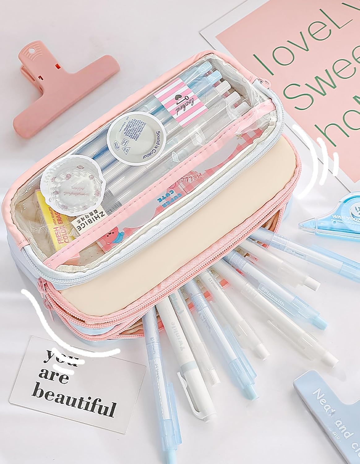 Transparent Large Pencil Case Japanese Pastel Pencil Pouch (Pink)