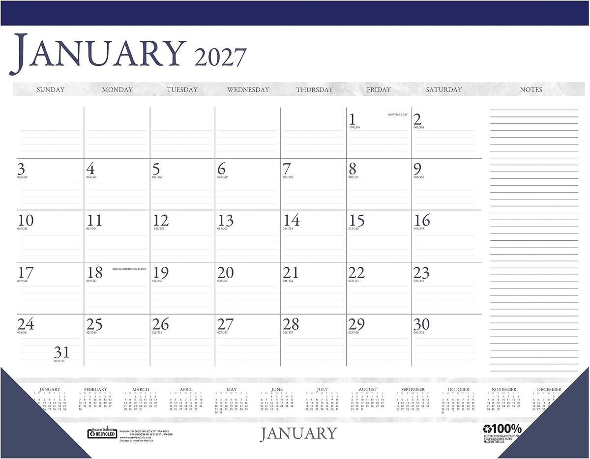 2027 House of Doolittle 22" x 17" Monthly Desk Pad Calendar, Blue/White (164-27)