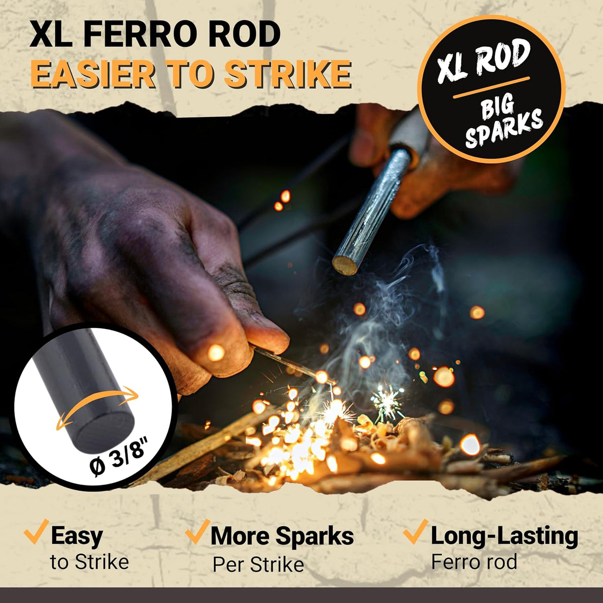 Ferro Rod Fire Starter Kit with Fatwood Tinder Stick - 3/8" Thick Ferrocerium Flint and