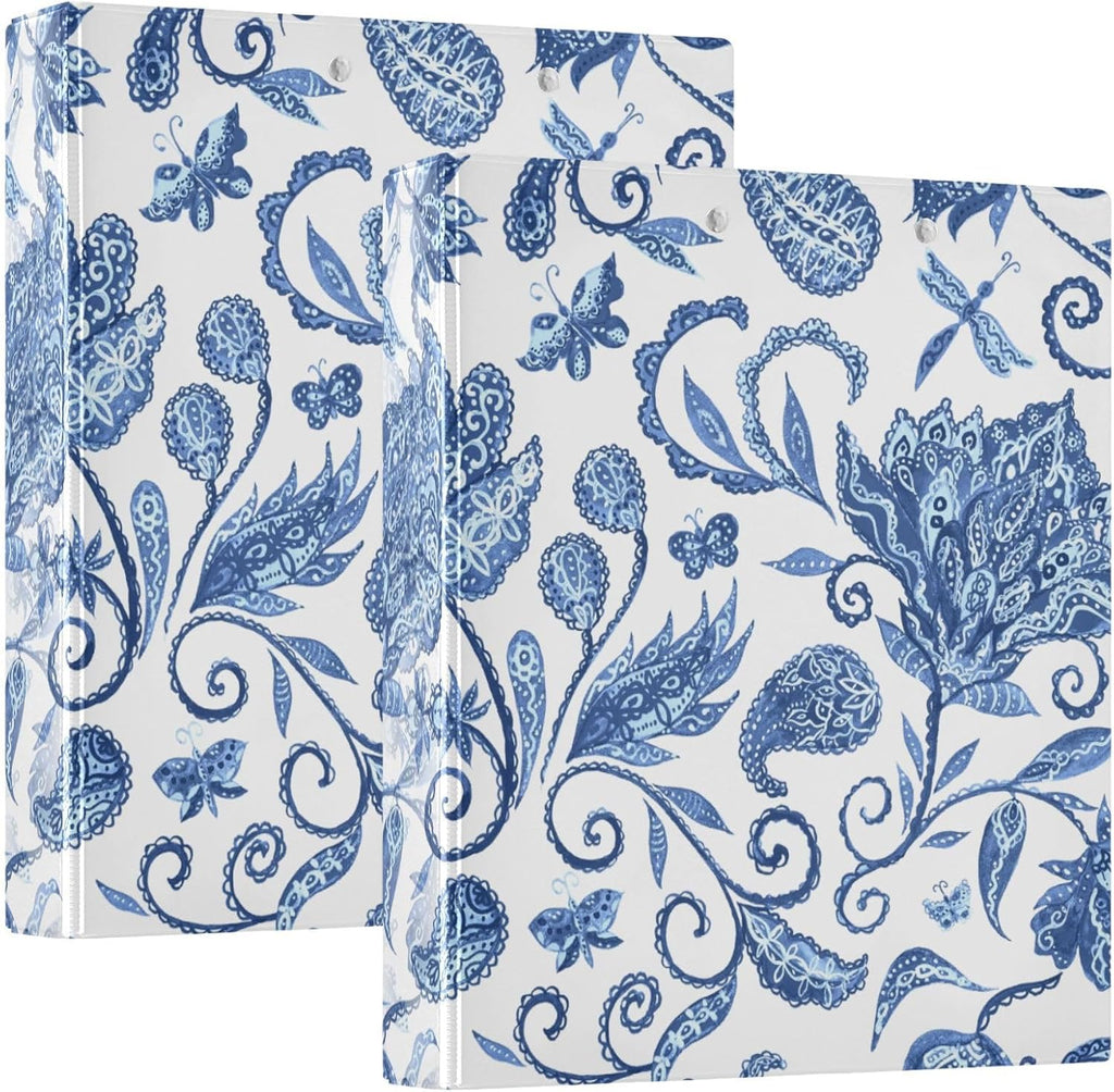 Blue White Floral 3 Ring Binders, 1.5 Inch Round Rings to Hold 200 Sheets