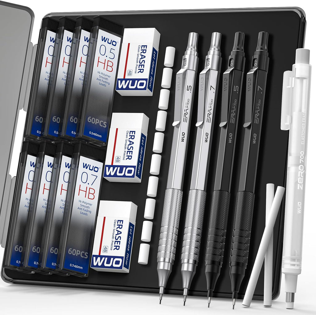 WUO Mechanical Pencil Set, 4 Pack 0.5mm & 0.7mm Metal Drafting Pencils
