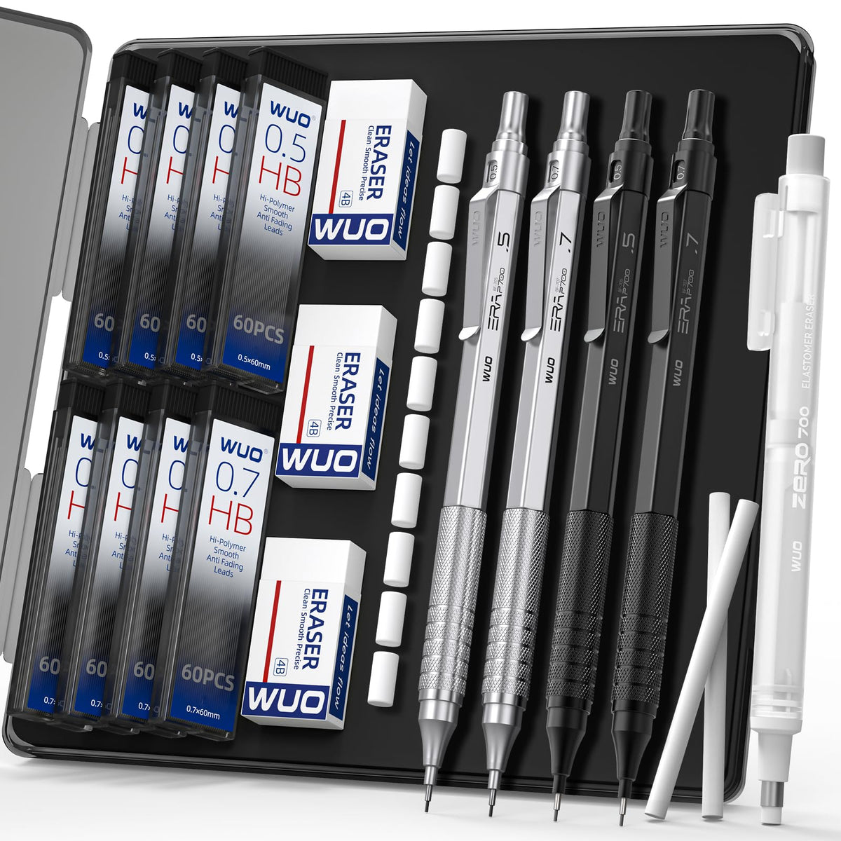 WUO Mechanical Pencil Set, 4 Pack 0.5mm & 0.7mm Metal Drafting Pencils