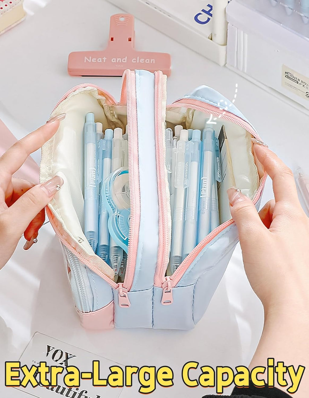 Transparent Large Pencil Case Japanese Pastel Pencil Pouch (Pink)
