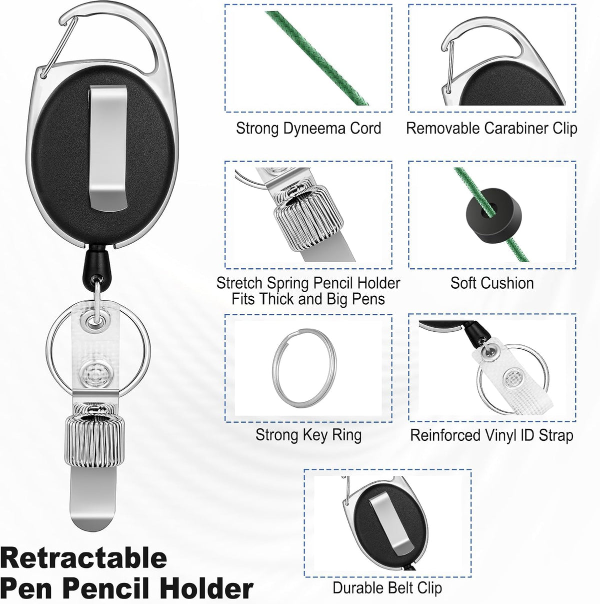 4 Pack Retractable Pen Holder with 32 in Dyneema Cord and Metal Pen Clip