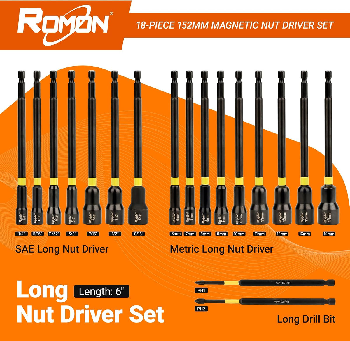 18-Piece Long Magnetic Nut Driver Set for Impact Drill, SAE and Metric Screwdriver Bits