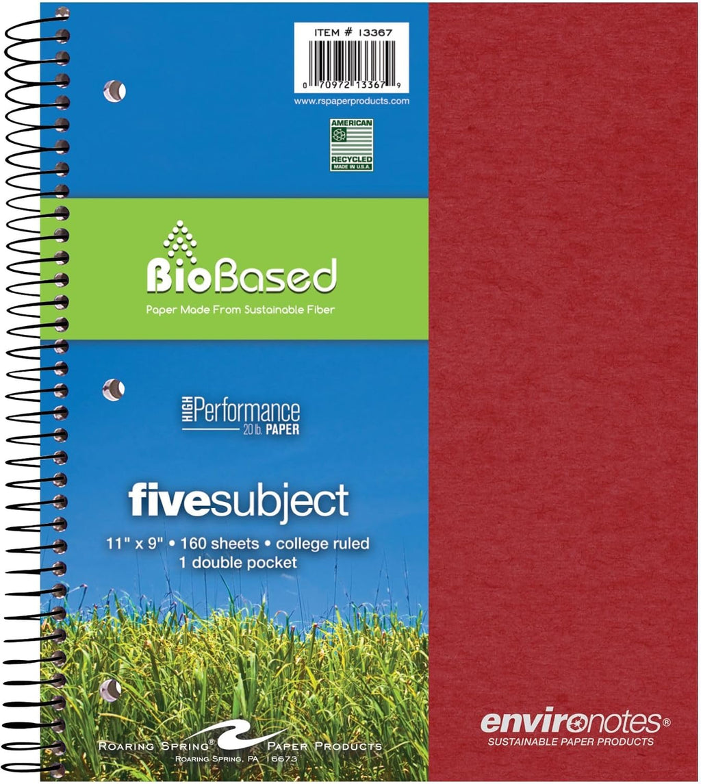 Roaring Spring Environotes Recycled Spiral Notebook, 5 Subject, 11" x 9"