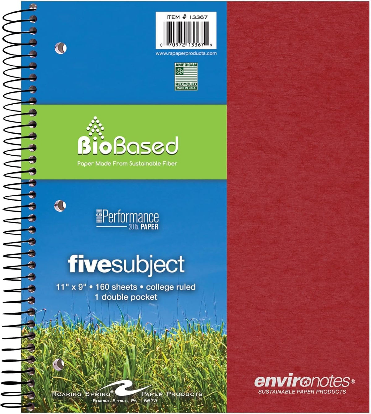 Roaring Spring Environotes Recycled Spiral Notebook, 5 Subject, 11" x 9"