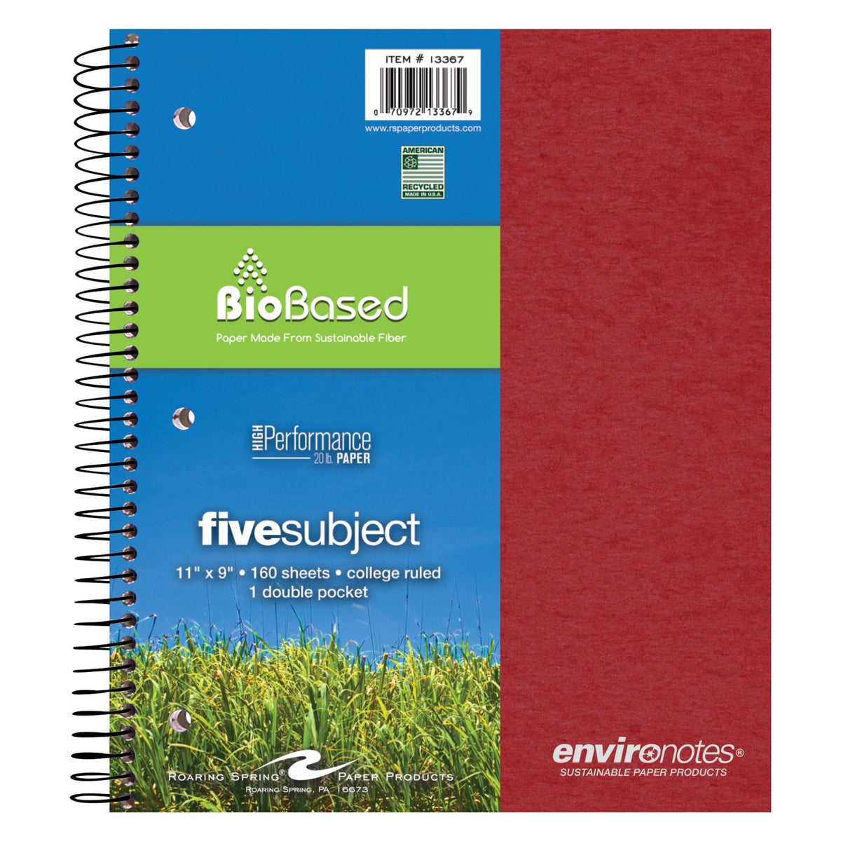 Roaring Spring Environotes Recycled Spiral Notebook, 5 Subject, 11" x 9"