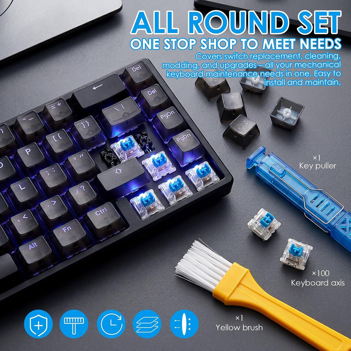 100 PCS Blue Mechanical Keyboard Switches Clickers with Upgraded 4-Claw Switch Puller &