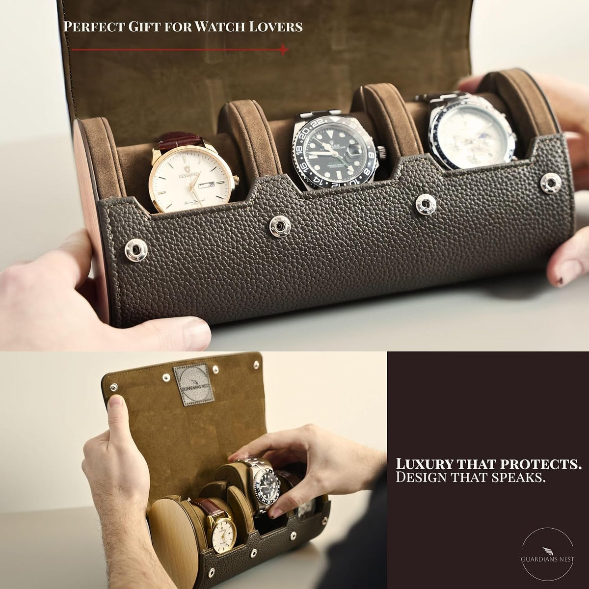3 Slot Watch Travel Case for Men – PU Leather & Wood Watch Box Organizer