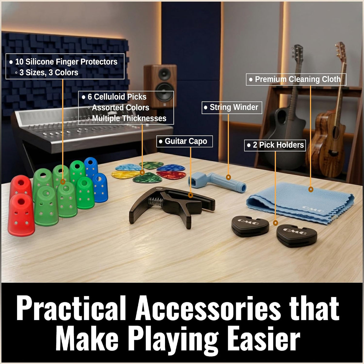 QMG Guitar Accessory Kit – Capo, String Winder, Picks & Finger Protectors