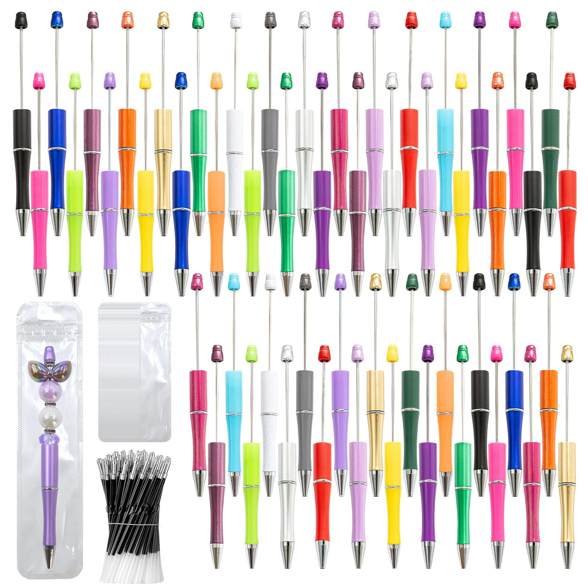150 Pieces DIY Beadable Pen Kit – 50 Plastic Ballpoint Pens with Refills & Bags