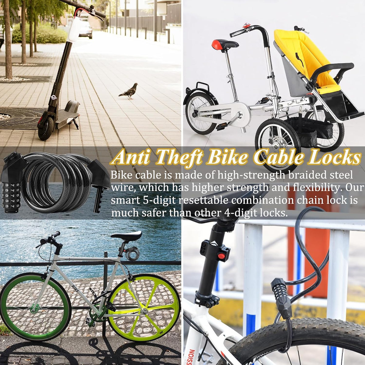 Bike Lock Combination Bike Cable Lock - 5 Digit, Bike Locks Heavy Duty Anti Theft