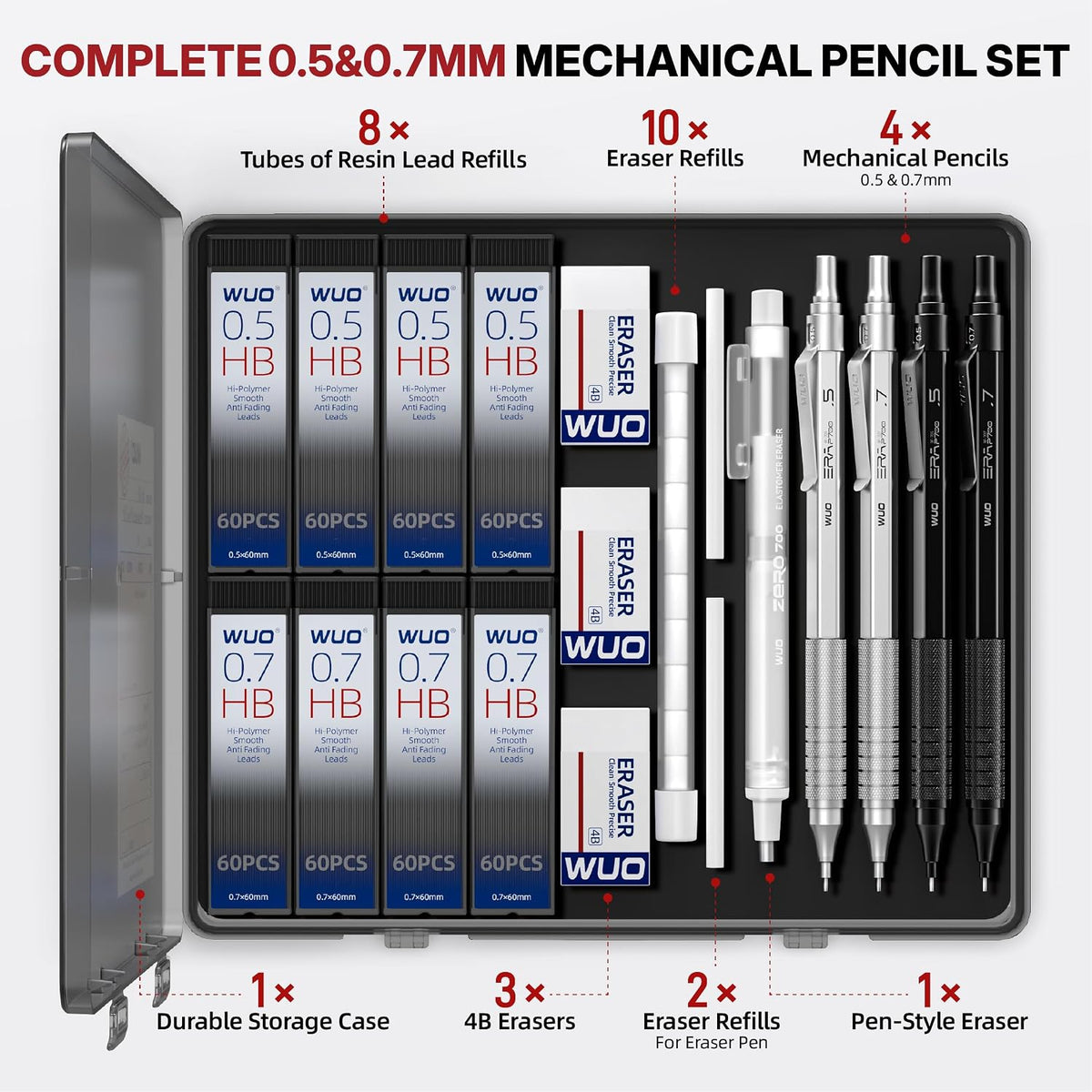 WUO Mechanical Pencil Set, 4 Pack 0.5mm & 0.7mm Metal Drafting Pencils
