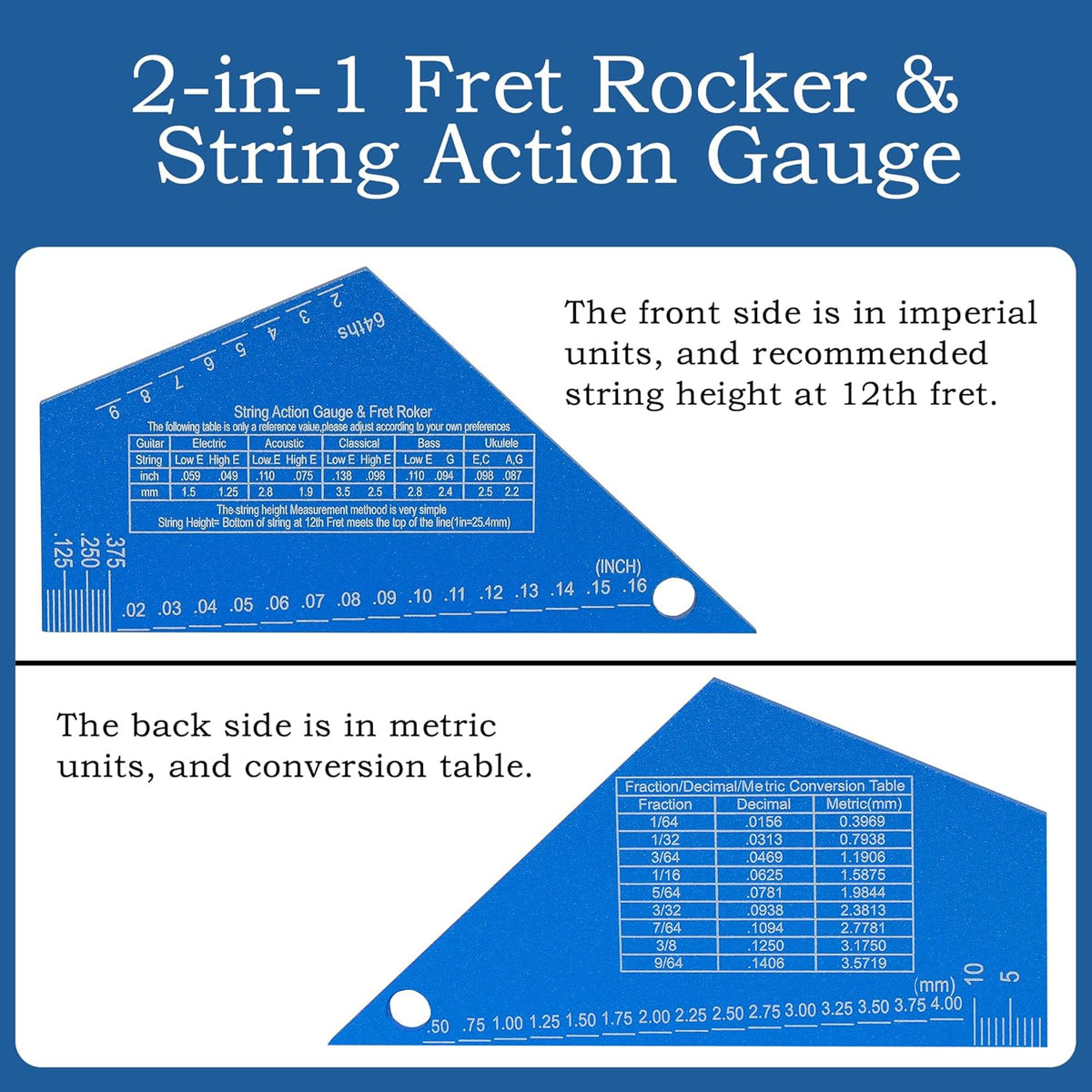 2-in-1 Guitar Fret Rocker & String Action Gauge Ruler Tool