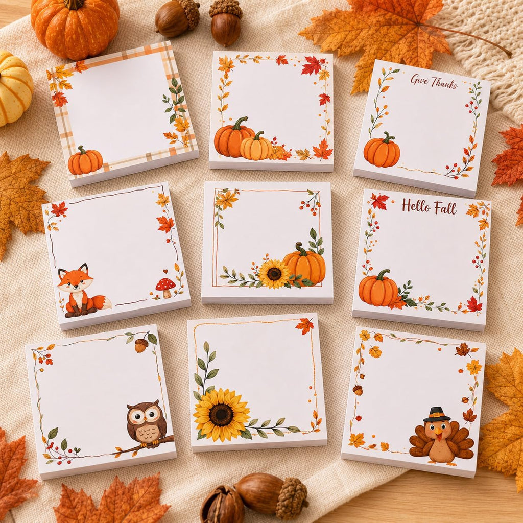 9 Pieces Fall Sticky Notes Self-Adhesive Pumpkin Maple Leaf Sunflower Turkey Memo Pads