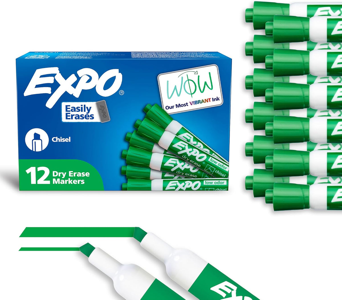 EXPO Dry Erase Markers, Low Odor Ink, Green, Chisel Tip, 12 Count - Whiteboard, Calendar