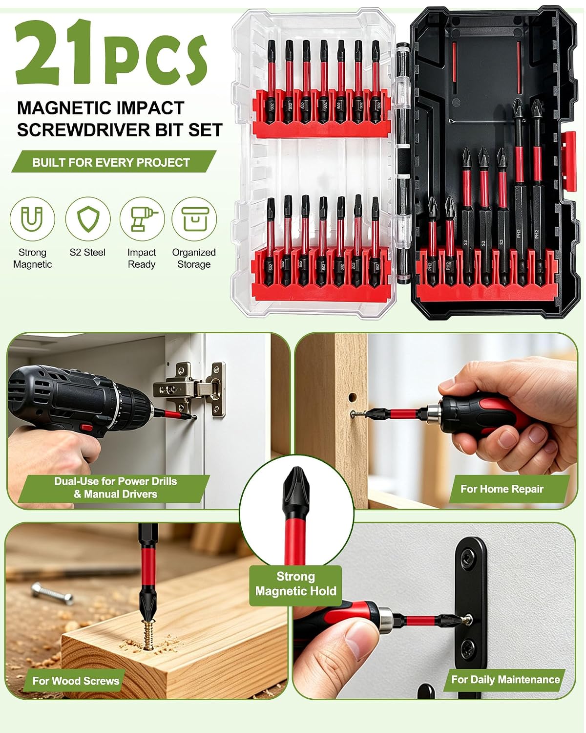 21pcs Drill Bits,2/3/4-Inch Magnetic Screwdriver Bit Set,Hex Drill Bit Set