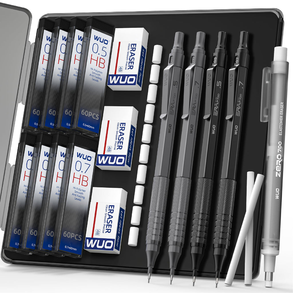 WUO Mechanical Pencil Set, 4 Pack 0.5mm & 0.7mm Metal Drafting Pencils