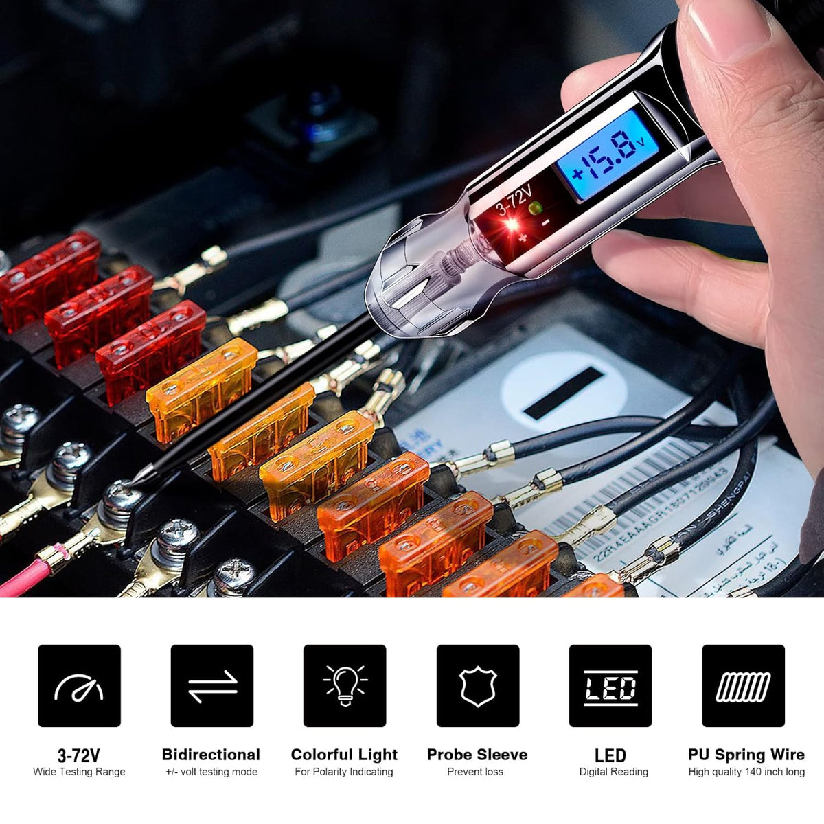 3-72V Backlit Digital LCD Circuit Tester, 140 Inch Wire & 2 LED Lights