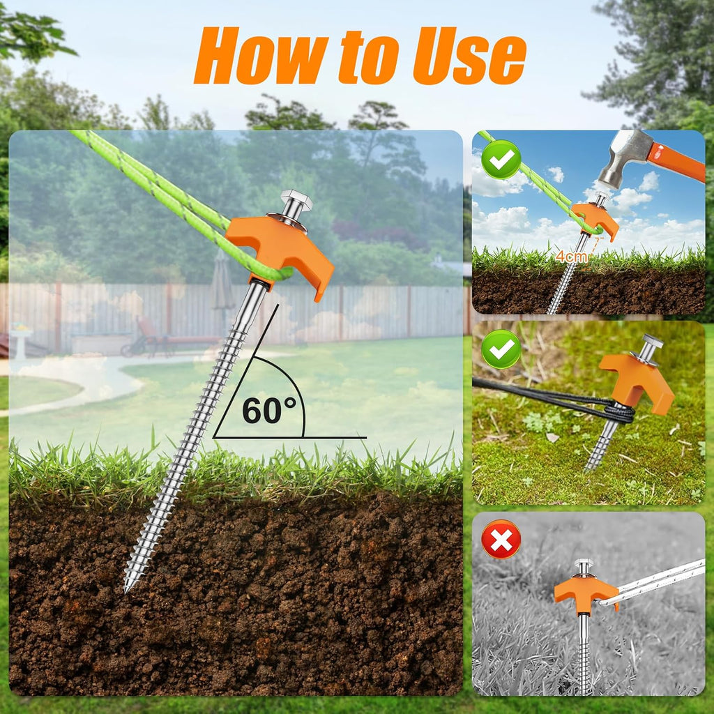 10 Pack 8 Inch Tent Stakes Heavy Duty, Screw in Tent Stakes with Storage Bag and Hex Head