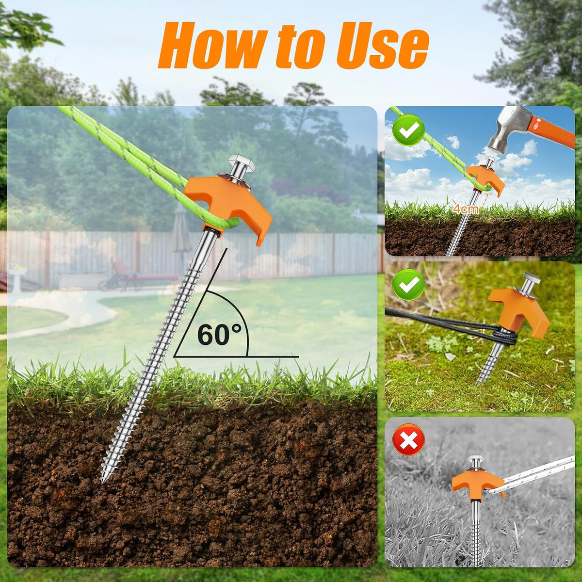 10 Pack 8 Inch Tent Stakes Heavy Duty, Screw in Tent Stakes with Storage Bag and Hex Head