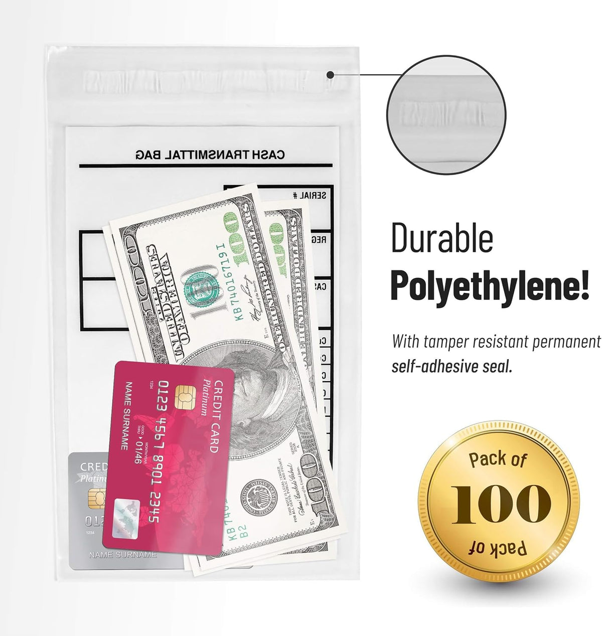 VaultGuard Tamper-Proof Bank Deposit Bags for Cash, 6 x 9-Inch, 100-Pack