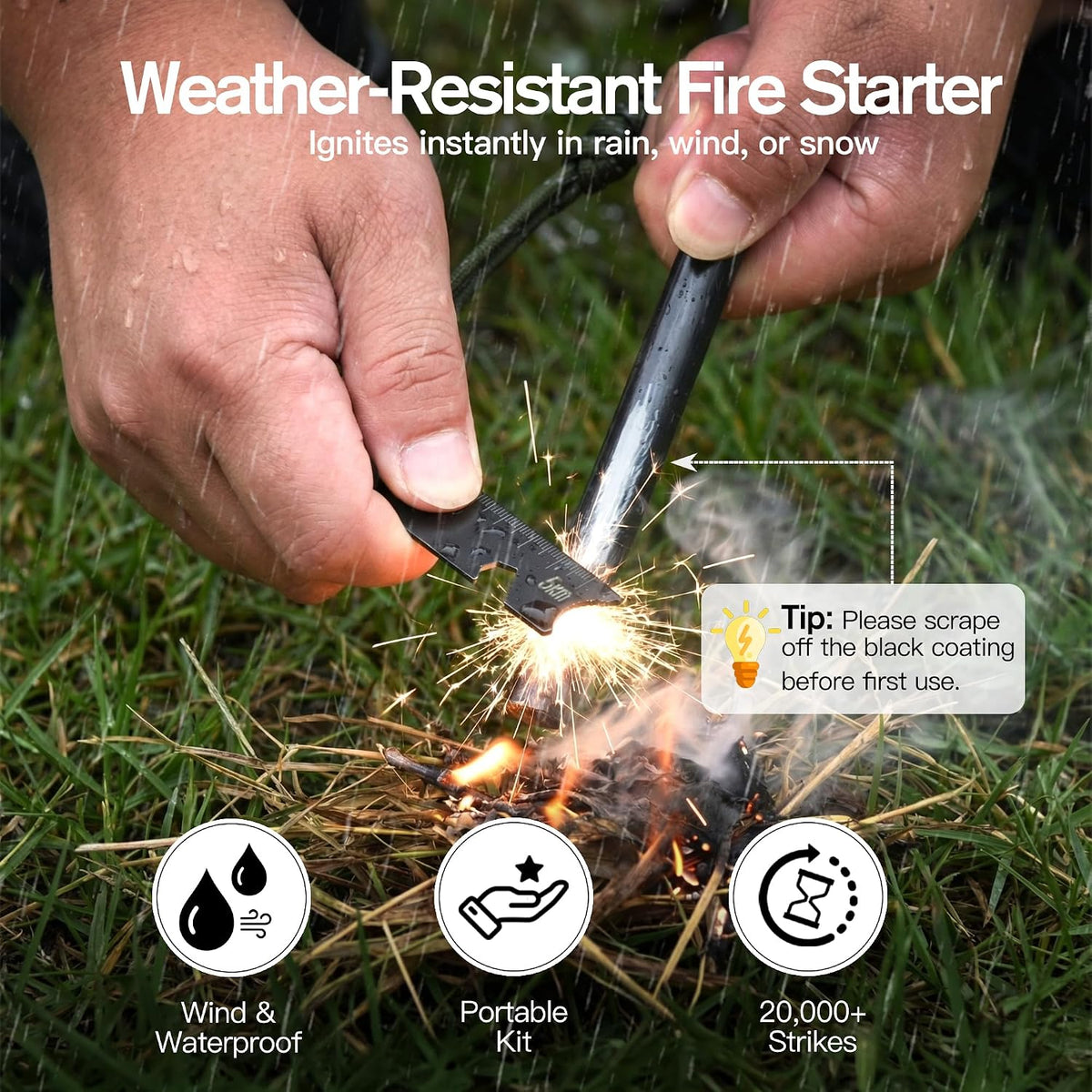 6" x 1/2" Drilled Ferro Rod Fire Starter Kit - Large Ferrocerium Flint and Steel