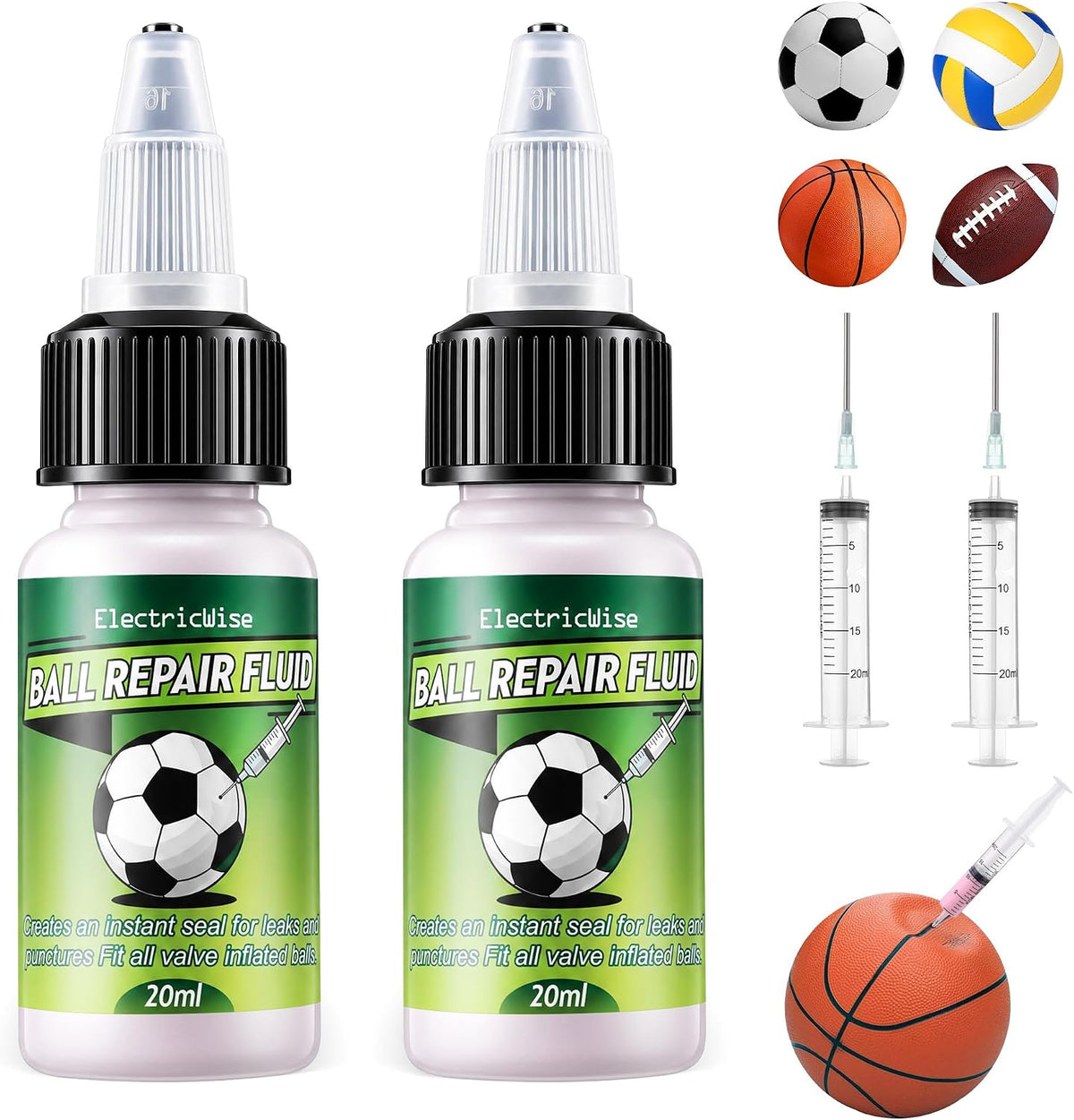 2 Pack Sports Ball Repair Kit and Leak Sealant for Basketball Soccer Volleyball Football