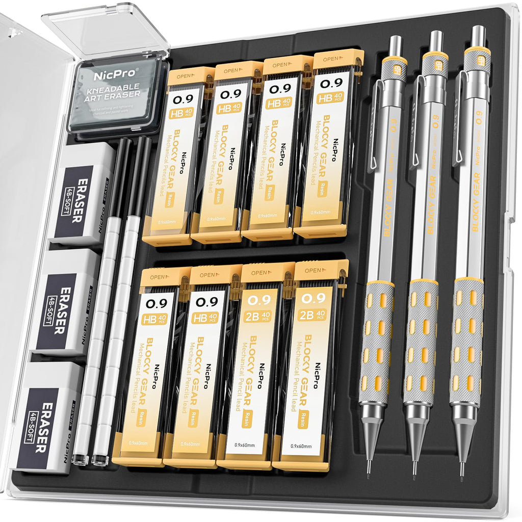 Nicpro Blocky Gear Mechanical Pencils 0.7 mm with Case, 3 Pack