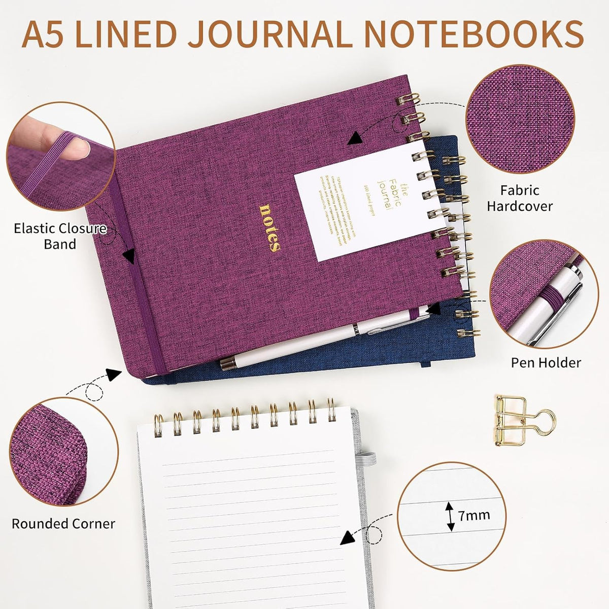 A5 Top Spiral Notebook, Fabric Hardcover College Ruled Journal