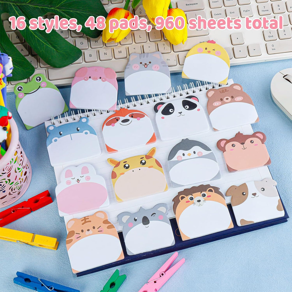 48 Pads 960 Sheets Cute Sticky Notes, Kawaii Fun Animal Sticky Notes Mini Cartoon Notes