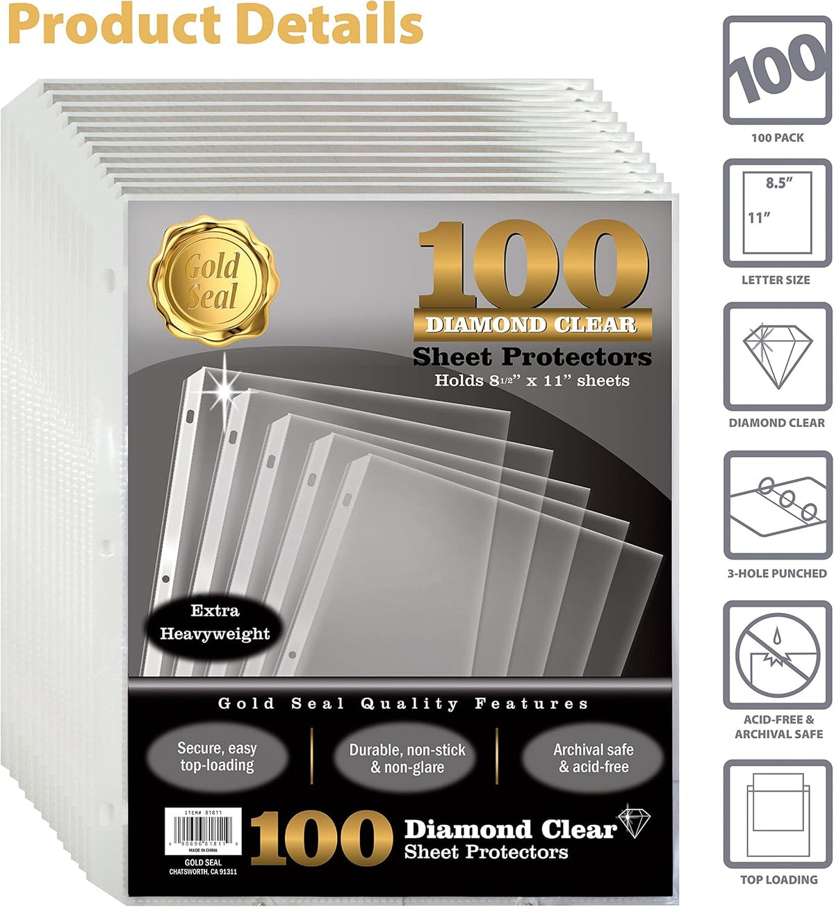 GOLD SEAL Page Protectors, 100 Pack Diamond Clear 4 Mil Heavyweight Page Protectors for 3