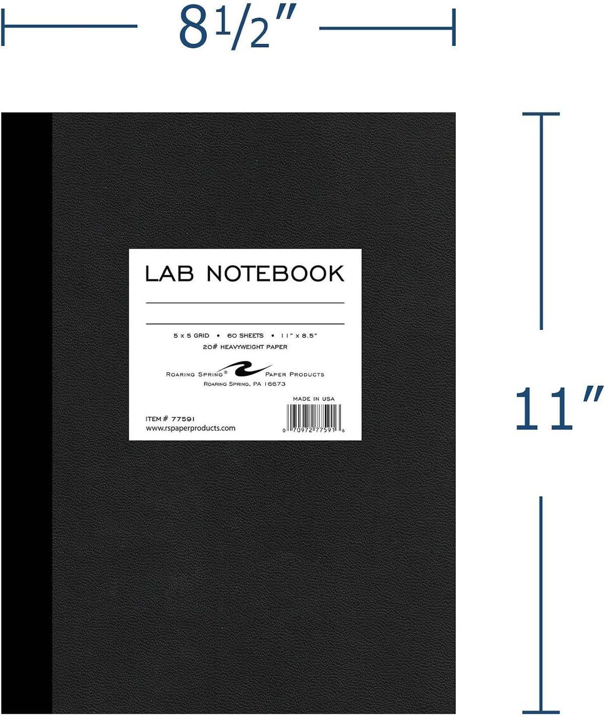 ROARING SPRING Lab Notebook, 120 Pages, 11" x 8.5", 5x5 Grid Ruled White Paper